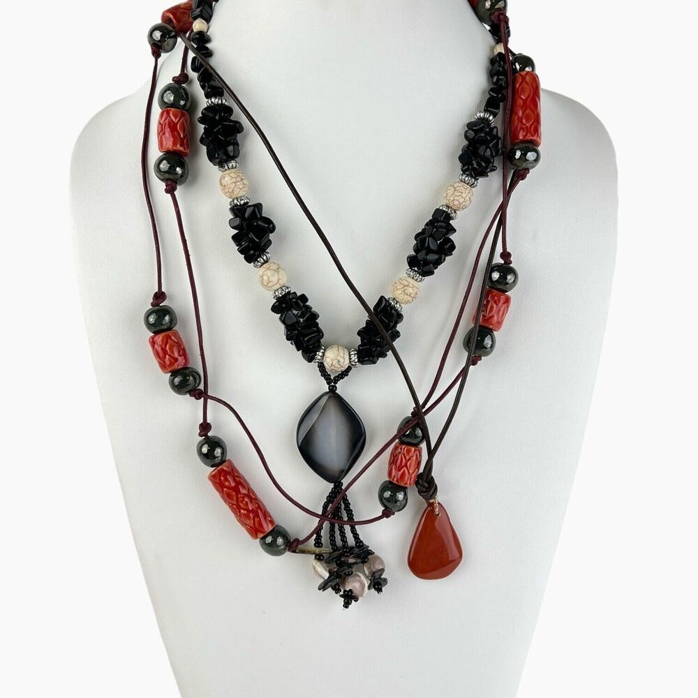 Beaded Artisan Necklaces Lot Of 3 Ceramic And Glass Stone Pendant Cord Boho Chic